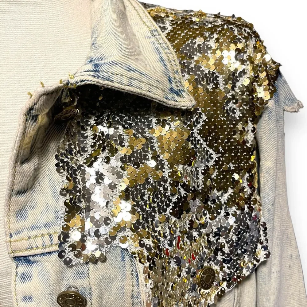 L&B Sequin Denim Jacket Distressed Acid Wash Gold Silver Medium